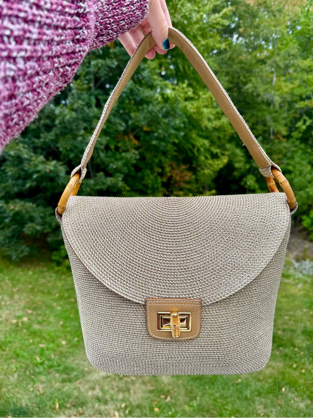 Eric Jarvis Squishee Woven Shoulder Bag with Gold Turn-Lock in Taupe